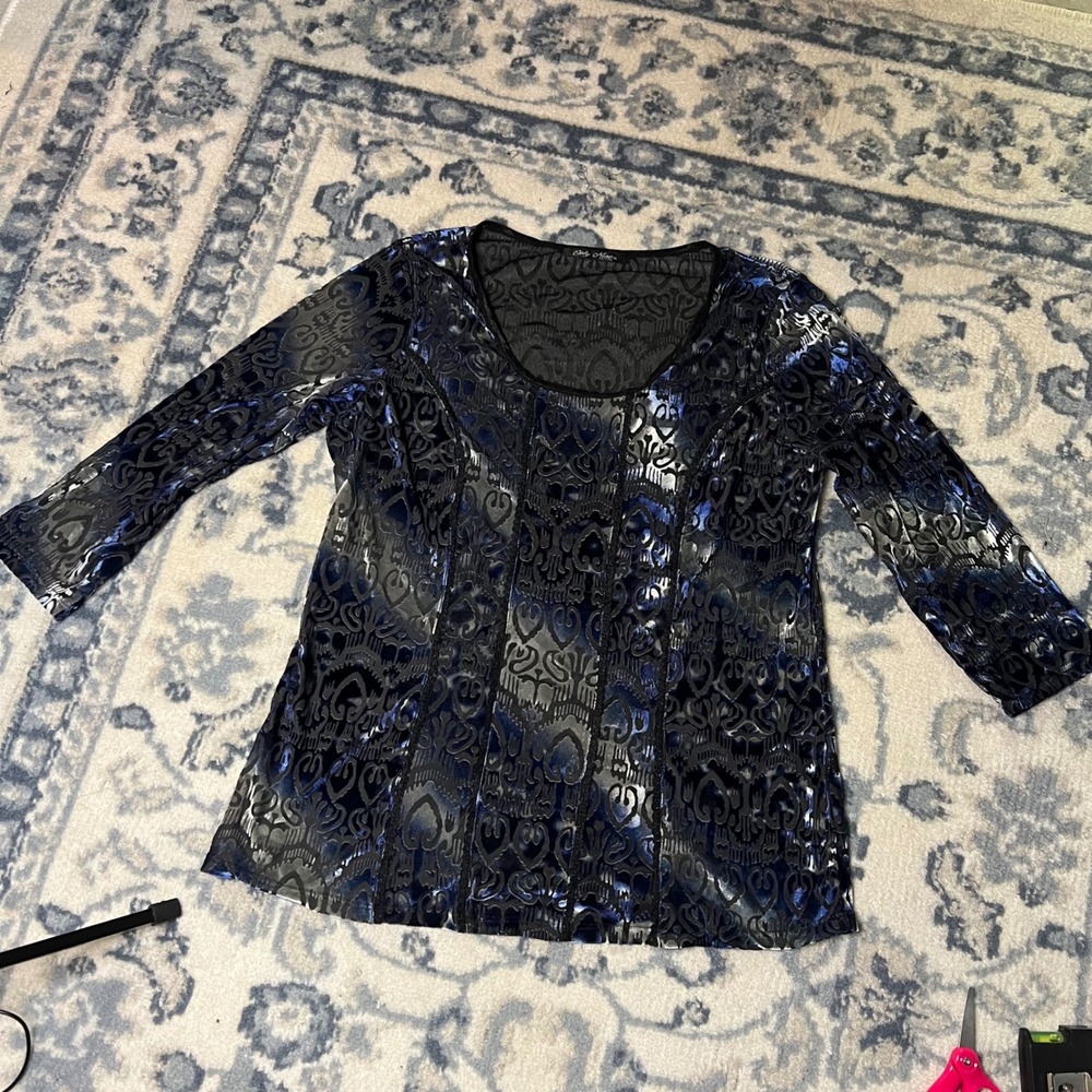 Only Nine Petite Blue Black Burnout Velvet Damask Top Y2K 3/4 Sleeve Scoop Neck